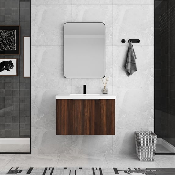 BNK 30 inch Bathroom Vanity with Sink, Wall-Mounted Bathroom Vanity, Modern Floating Vanity and Sink, Brown Bathroom Vanity Set