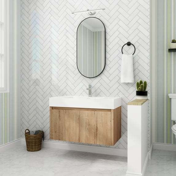 BNK 36" Bathroom Vanity with Sink, Modern Wall-Mounted Bathroom Storage Cabinet, Single Cabinet with 2 Soft-Closing Doors, Imitative Oak