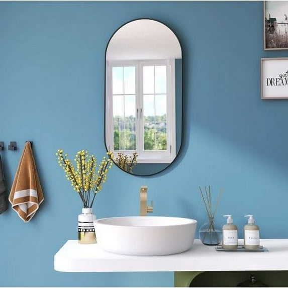 BNK 18 Inch x 35 Inch Black Wall-Mirror with Metal Frame for Bathroom, Dressing Room, Contemporary Design Wall Mount Hangs Vertical or Horizontal