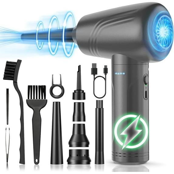 BNKKY 11-in-1 Compressed Air Duster, 3-Gear Adjustable 120000 RPM Electric Air Duster with LED Light, Reusable no Canned Keyboard Cleaner for Office, 9000mAh Cordless Air Duster for Computer/Car