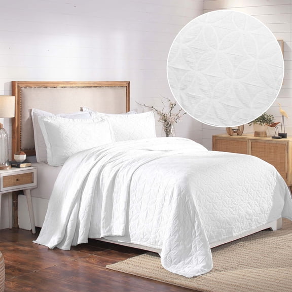BNM 2 Piece Cotton Celtic Circles Bedspread Set, Twin, White
