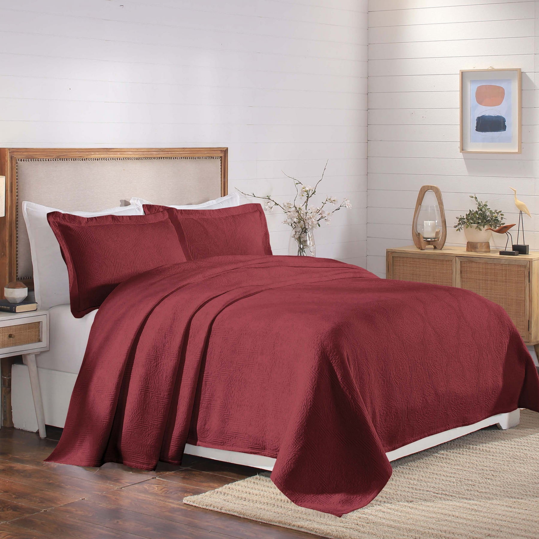 Garnet Red Cotton Twin Bedspread Set with Pillow Shams