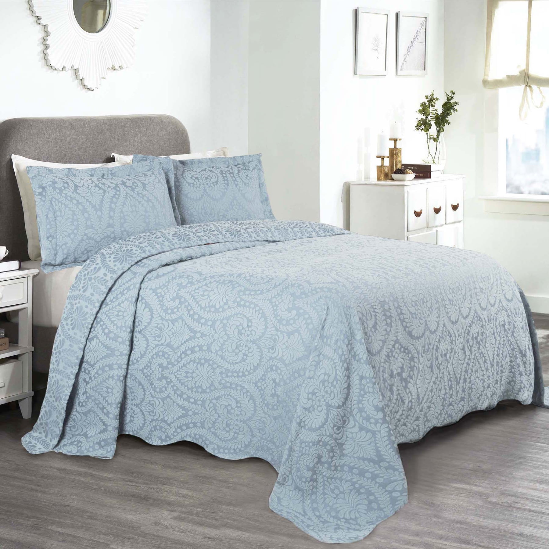 Light Blue Cotton Twin Floral Jacquard Bedspread Set