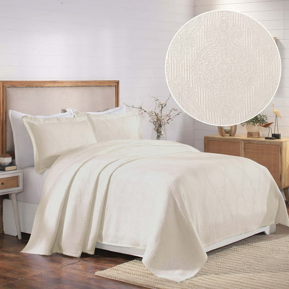 BNM 3 Piece Cotton Matelasse Scroll Bedspread Set, Full, Ivory