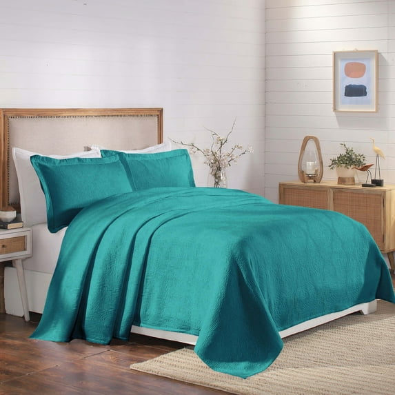 BNM 3 Piece Cotton Matelasse Scroll Bedspread Set, Queen, Teal