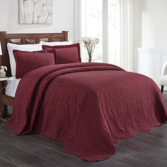 BNM 3 Piece Floral Cotton Blend Burgundy Bedspread Set, King