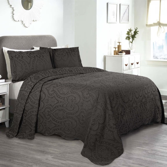 BNM 3 Piece Floral Cotton Blend Charcoal Bedspread Set, Queen