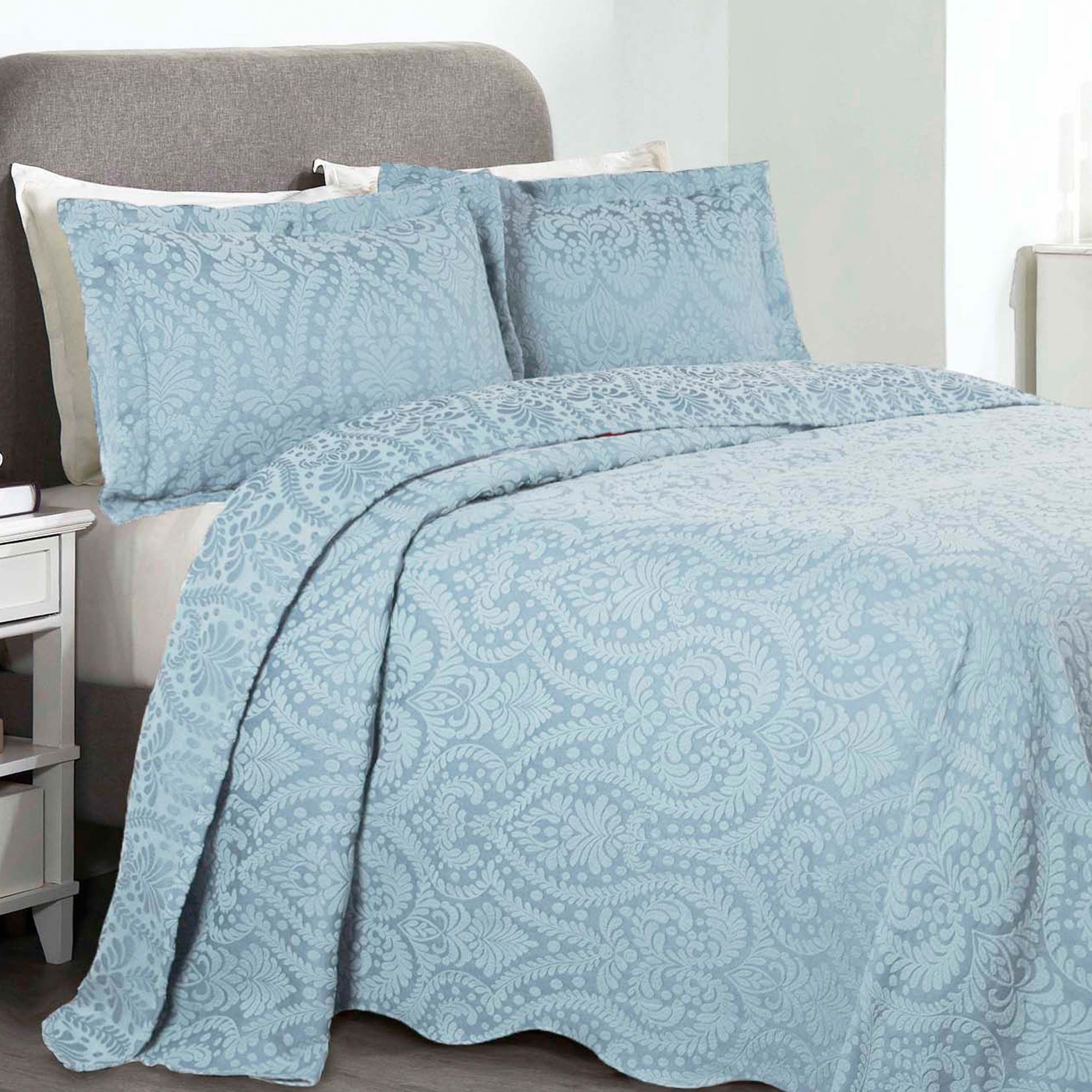BNM 3 Piece Floral Cotton Blend Light Blue Bedspread Set, Queen