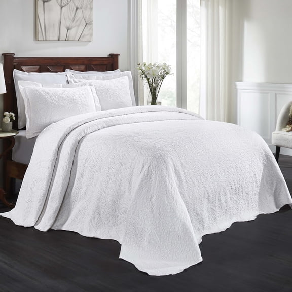 BNM 3 Piece Floral Cotton Blend White Bedspread Set, Full