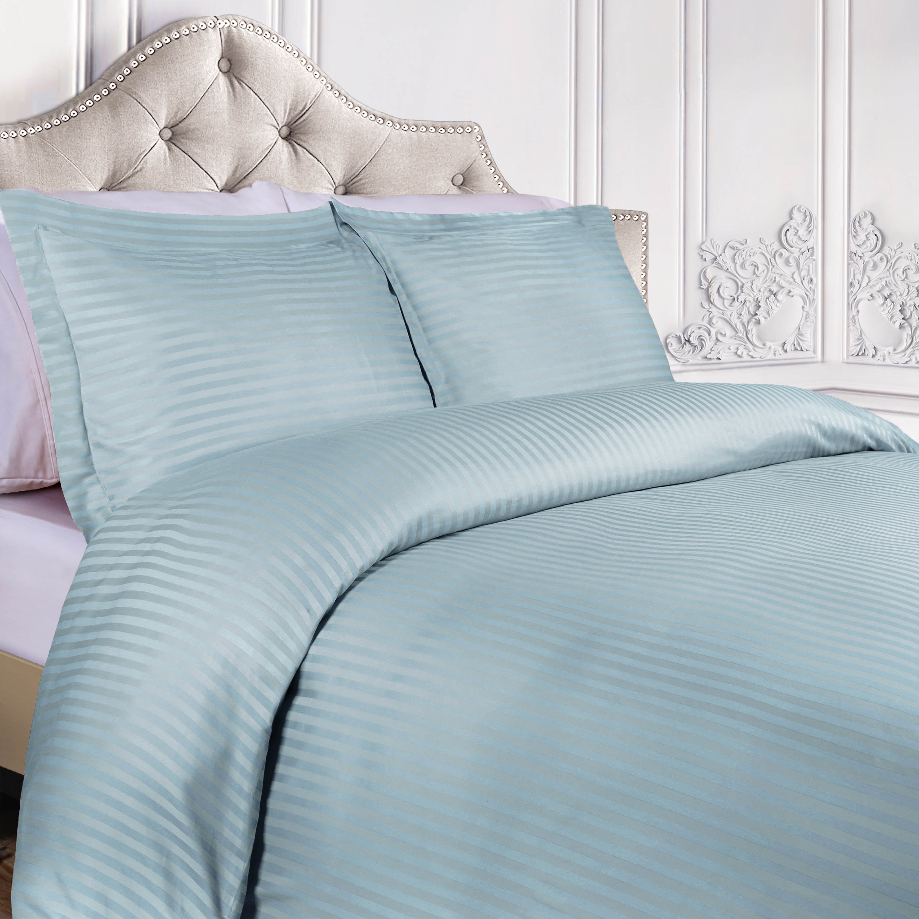 Light Blue King/California King Cotton Striped Duvet Cover Set