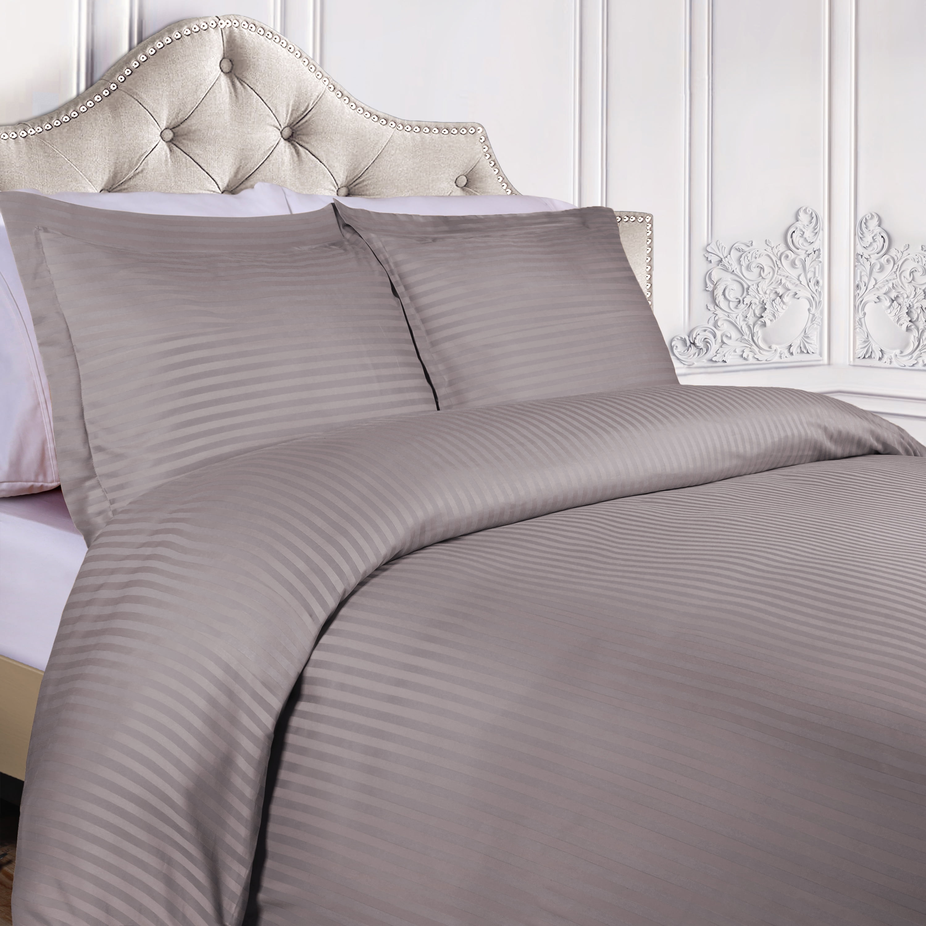 BNM 300 Thread Count Egyptian Cotton Stripe Duvet Cover, Full/ Queen, Grey