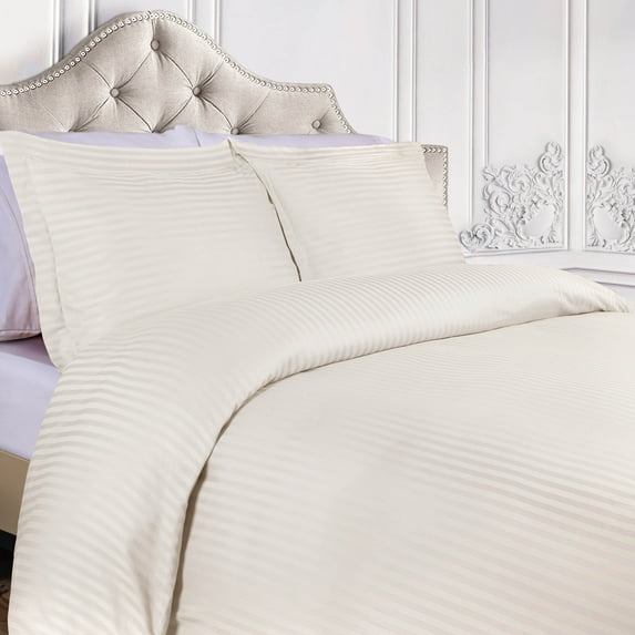 BNM 300 Thread Count Egyptian Cotton Stripe Duvet Cover, Full/ Queen, Ivory