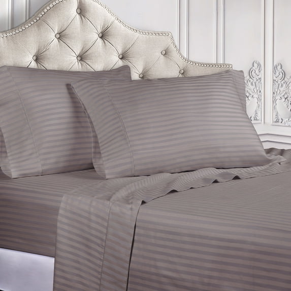 BNM 300 Thread Count Egyptian Cotton Stripe Sheet Set, California King, Grey