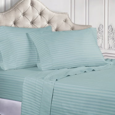 BNM 300 Thread Count Egyptian Cotton Stripe Sheet Set, California King, Light Blue