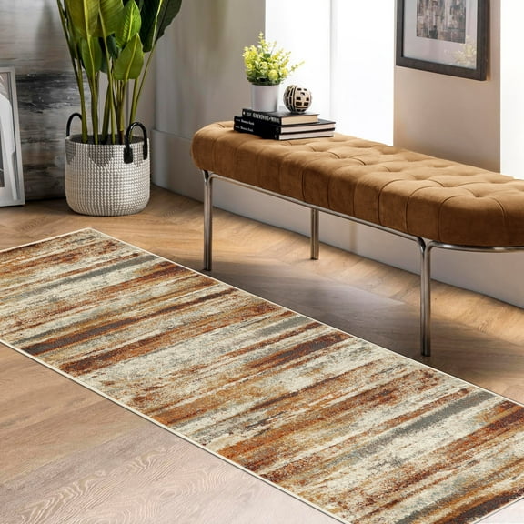 BNM Abstract Striped Indoor Runner Rug, 2' 7" x 8', Rust/ Cream