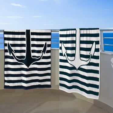 BNM Anchor Cotton Beach Towel Set of 2, 34" x 64", Navy Blue/ White