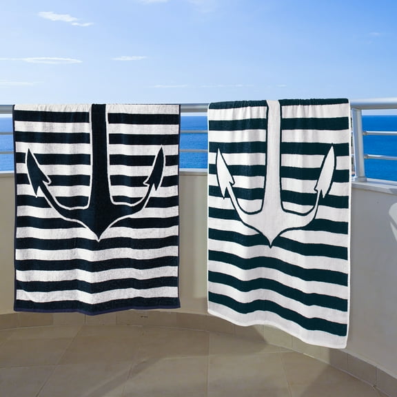 BNM Anchor Cotton Beach Towel Set of 2, 34" x 64", Navy Blue/ White