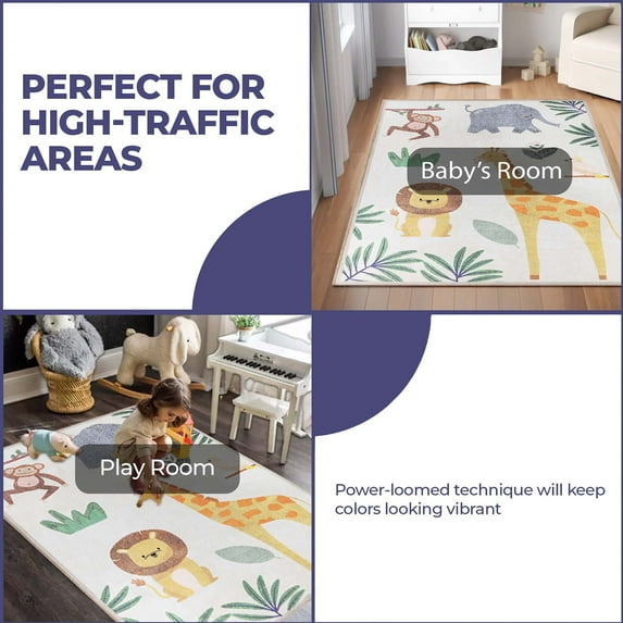 BNM Animal Safari Non-Slip Kids Washable Indoor Area Rug, 3' x 5', Ivory