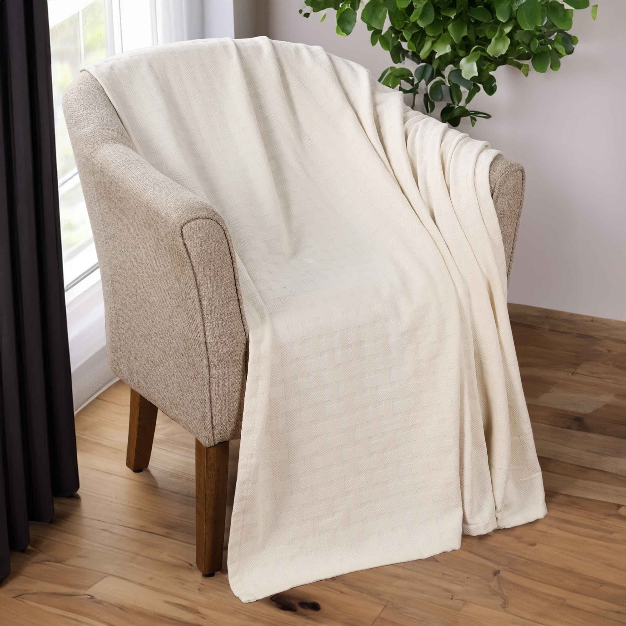 BNM Basketweave Cotton Blanket, California King, Ivory