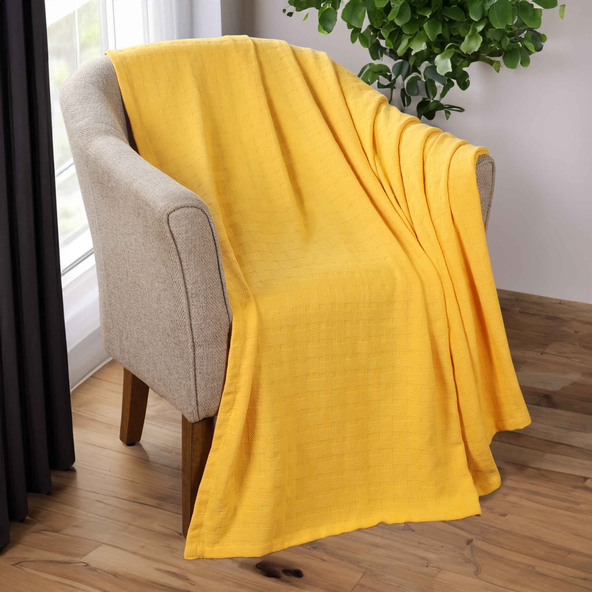 BNM Basketweave Cotton Blanket, California King, Yellow Gold