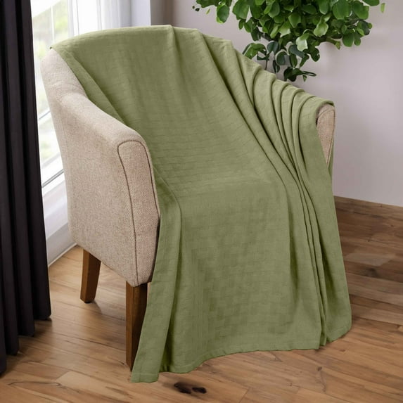 BNM Basketweave Cotton Blanket, Full/ Queen, Sage Green