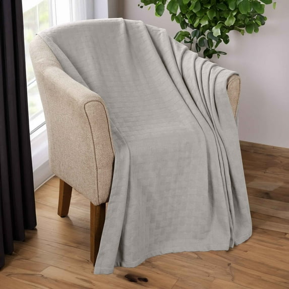 BNM Basketweave Cotton Blanket, Full/ Queen, Silver Grey
