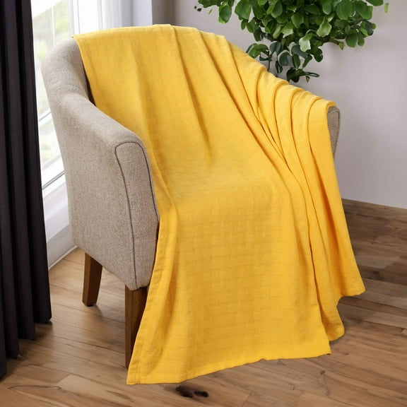 BNM Basketweave Cotton Blanket, King, Yellow Gold