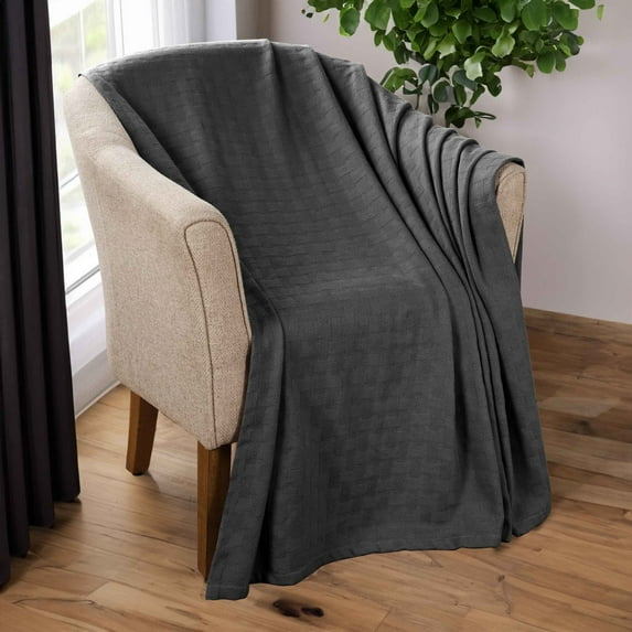 BNM Basketweave Cotton Blanket, Throw, Charcoal