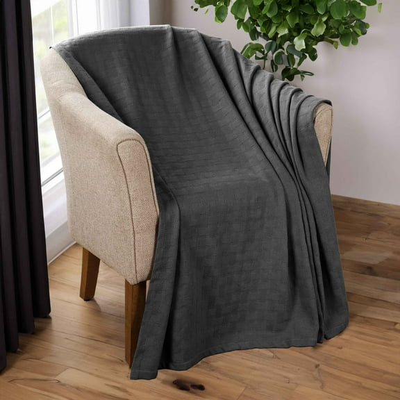 BNM Basketweave Cotton Blanket, Twin, Charcoal