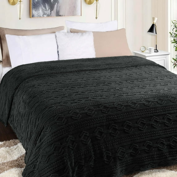 BNM Boho Knit Plush Soft Fleece Blanket, King, Black