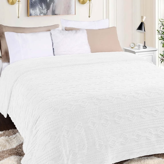 BNM Fleece Boho Knit Jacquard Blanket, King, White