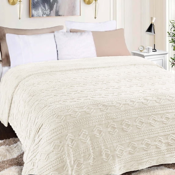 BNM Fleece Boho Knit Jacquard Blanket, Twin, Ivory