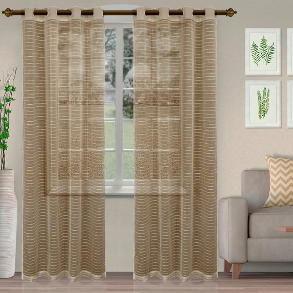 BNM Boho Rustic Striped Sheer Curtains, Set of 2, 52" x 63", Taupe