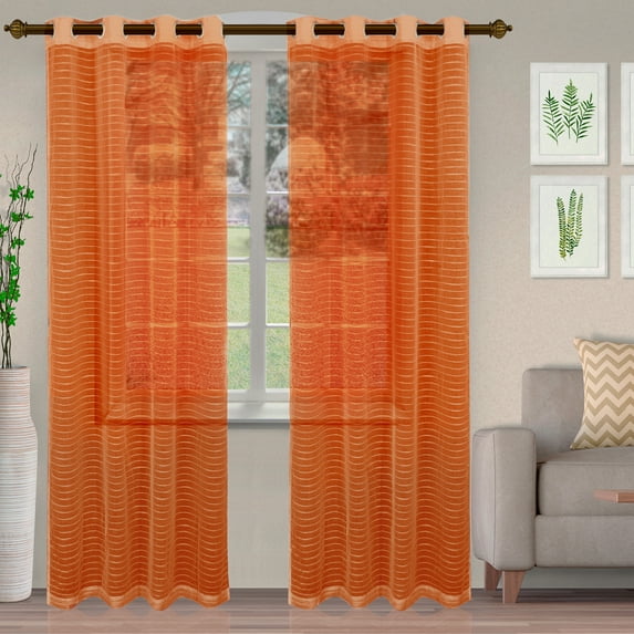 BNM Boho Rustic Striped Sheer Curtains, Set of 2, 52" x 84", Orange