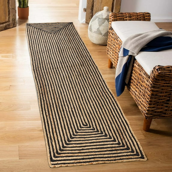BNM Braided Jute Handwoven Indoor Outdoor Area Rug, 2' 6" x 12', Black