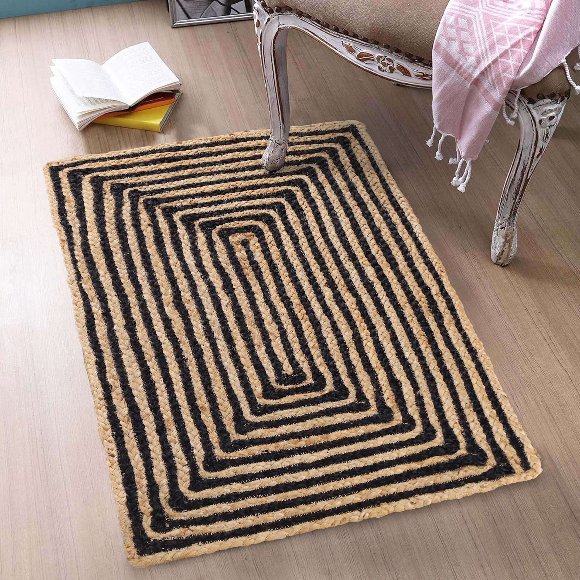 Handwoven Black and Beige Braided Jute Reversible Area Rug, 2' x 3'