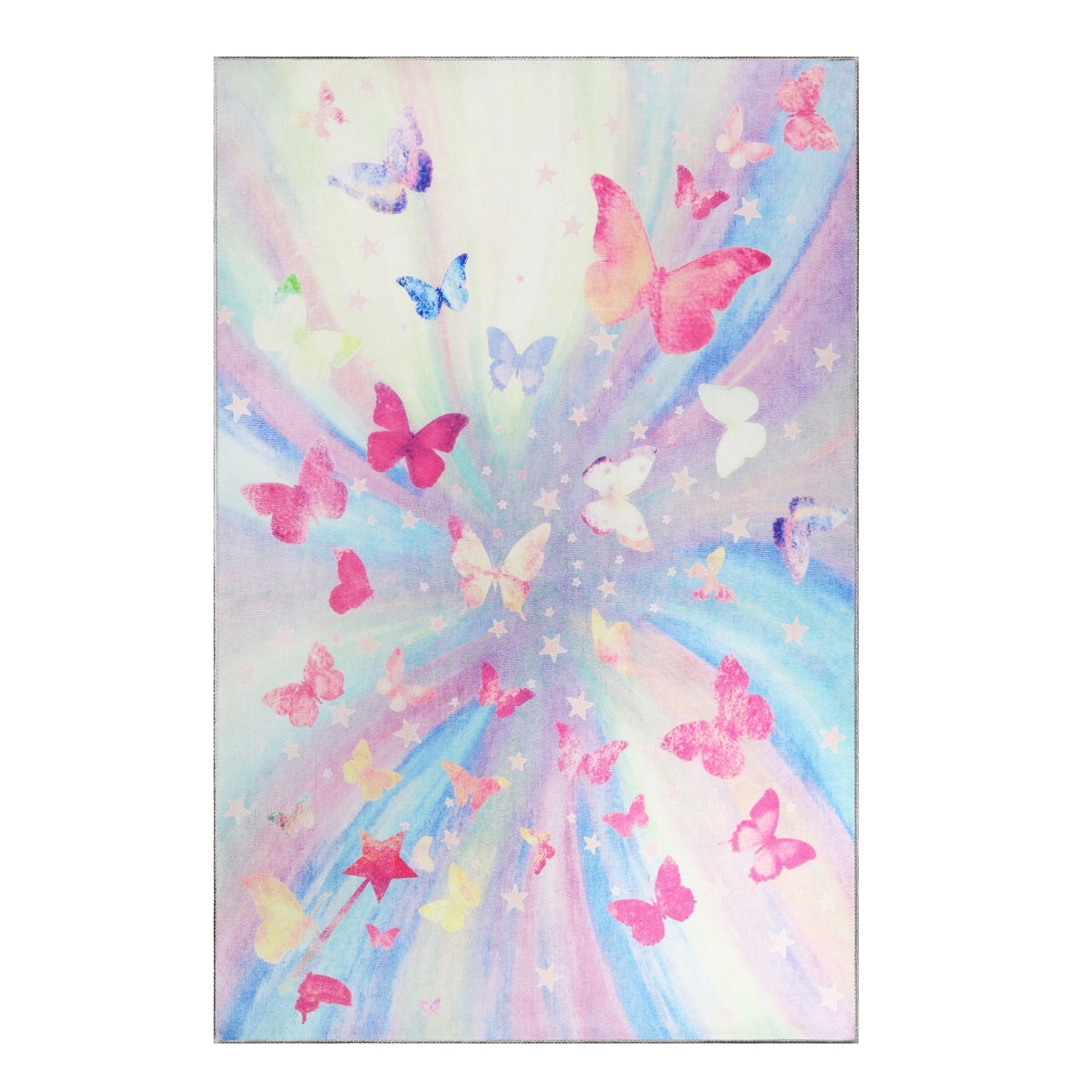 Magenta and Multicolor Synthetic Butterfly Kids Area Rug, 5' x 7'