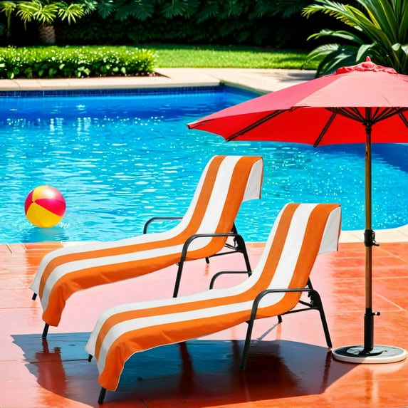 BNM Cabana Striped Cotton Chaise Lounge Chair Cover, Set of 2, Orange