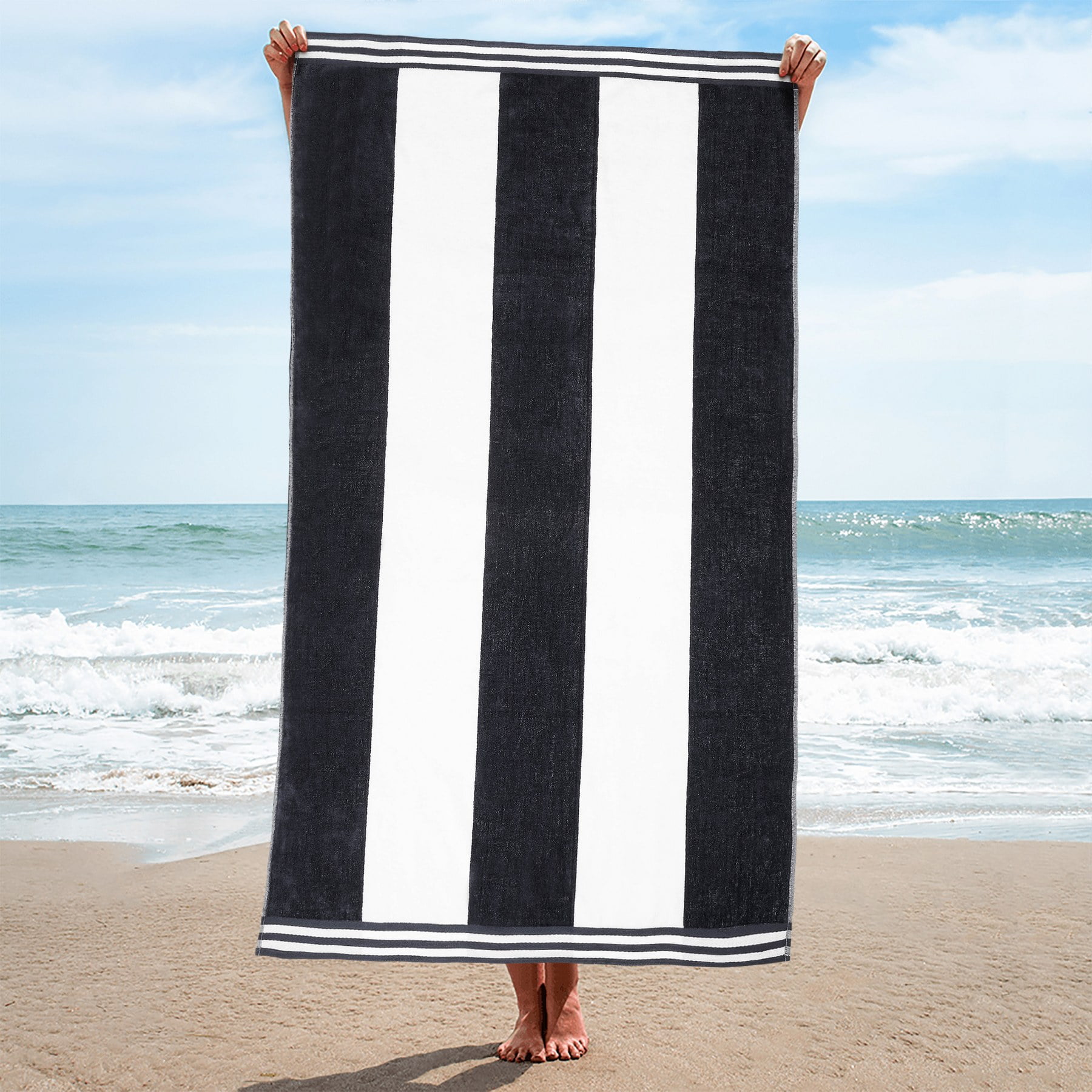 BNM Cabana Stripes Oversized Beach Towel, 34 x 64, Charcoal
