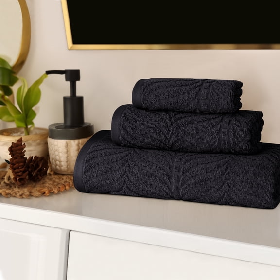 BNM Chevron Zero Twist Cotton 3 Piece Towel Set, Black
