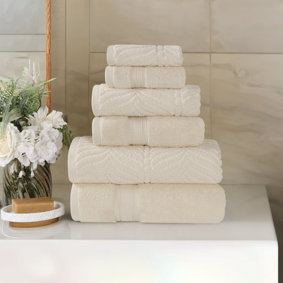 BNM Chevron Zero Twist Cotton 6 Piece Towel Set, Ivory