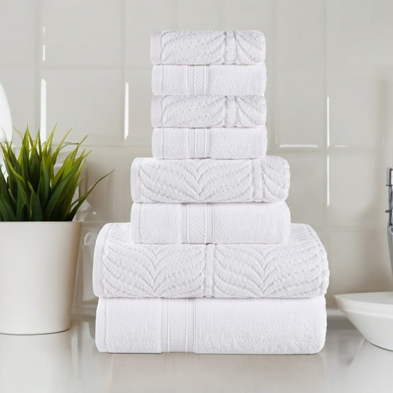 BNM Chevron Zero Twist Cotton 8 Piece Towel Set, White