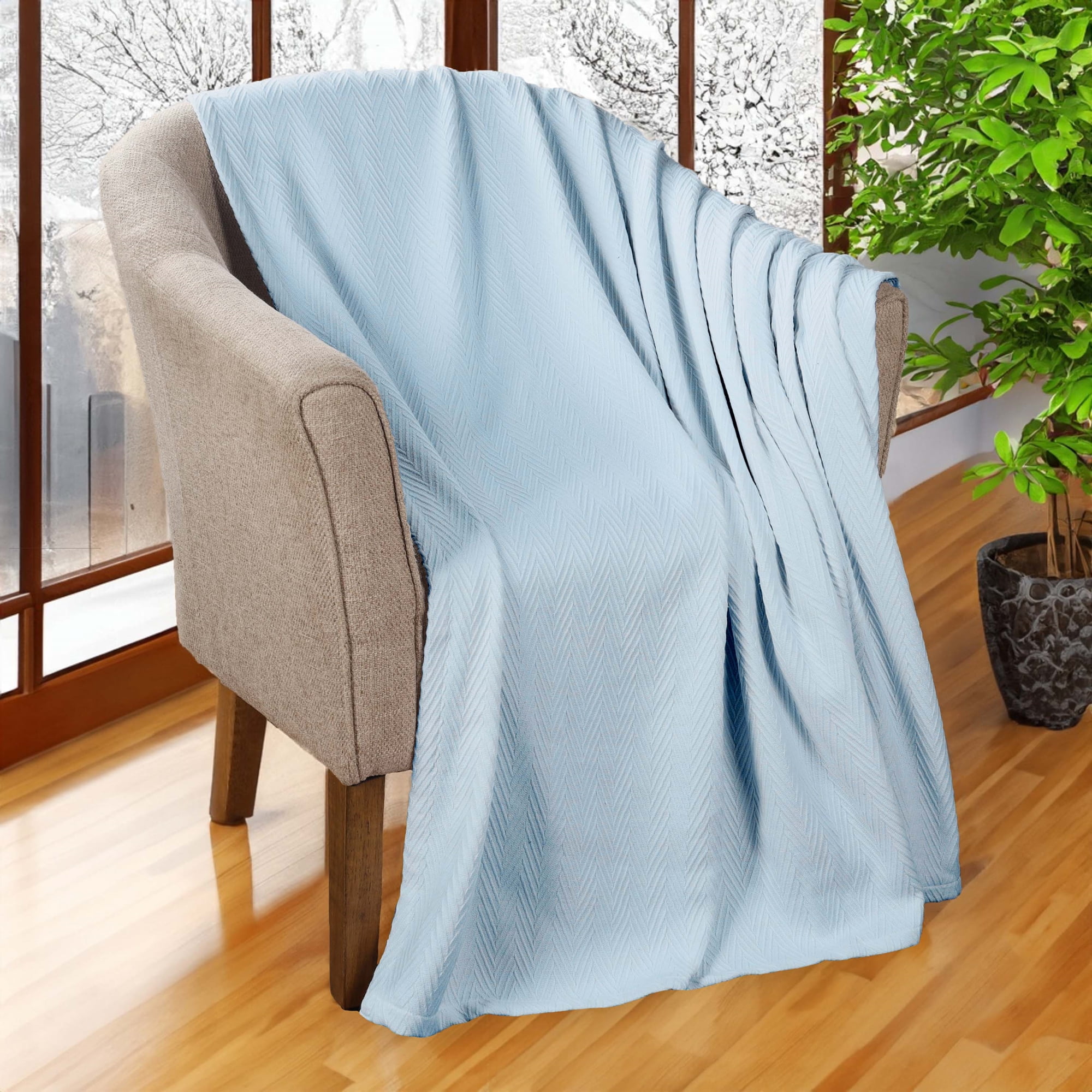 BNM Chevron Zig-Zag Cotton Blanket, Full/ Queen, Light Blue
