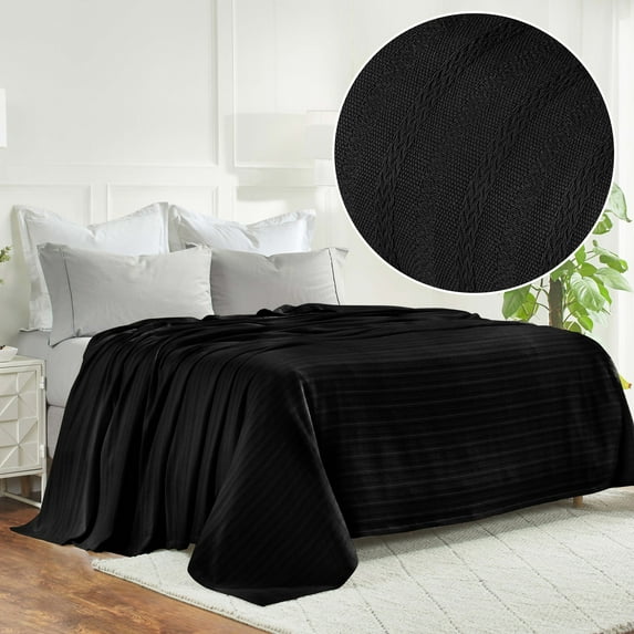 BNM Classic Cotton Striped Woven Blanket, California King, Black
