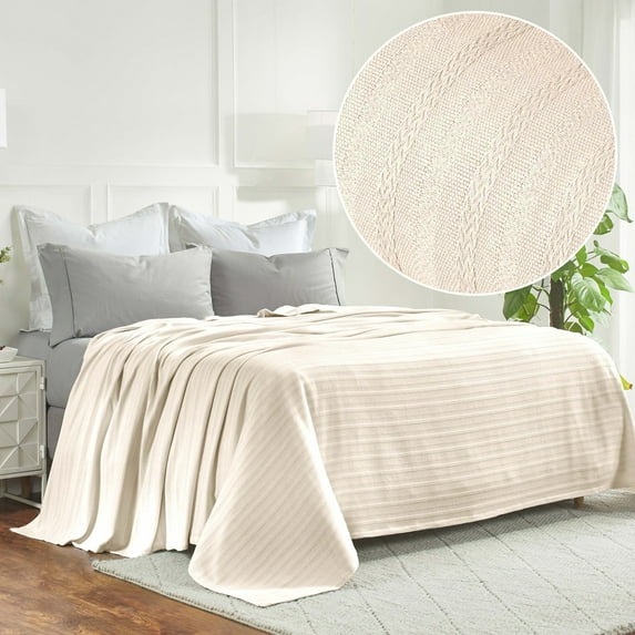 BNM Classic Cotton Striped Woven Blanket, California King, Ivory