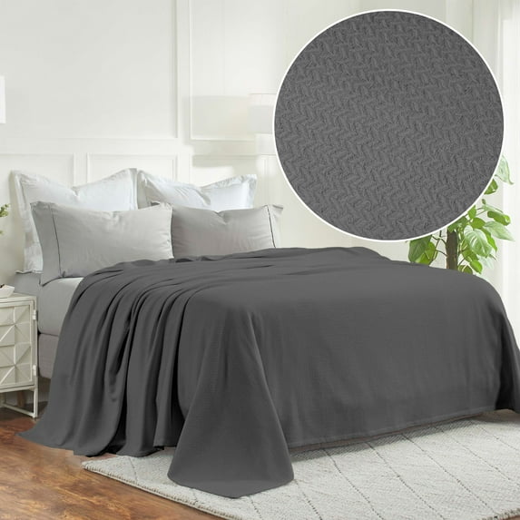 BNM Classic Cotton Textured Chevron Woven Blanket, Twin, Charcoal