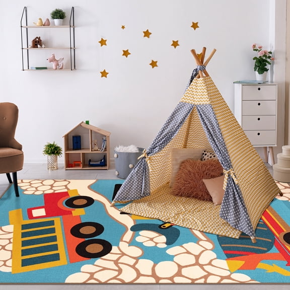 BNM Construction Zone Kids Washable Indoor Area Rug, 8' x 10', Blue