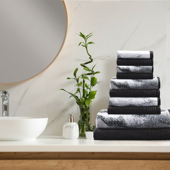 BNM Cotton 10 Piece Assorted Solid and Marble Towel Set, Black