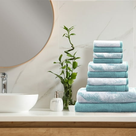 BNM Cotton 10 Piece Assorted Solid and Marble Towel Set, Cyan