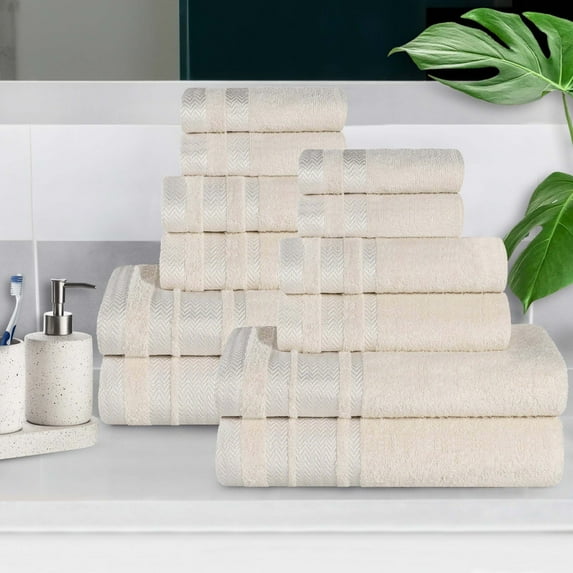BNM Cotton 12 Piece Bathroom Towel Set, Ivory
